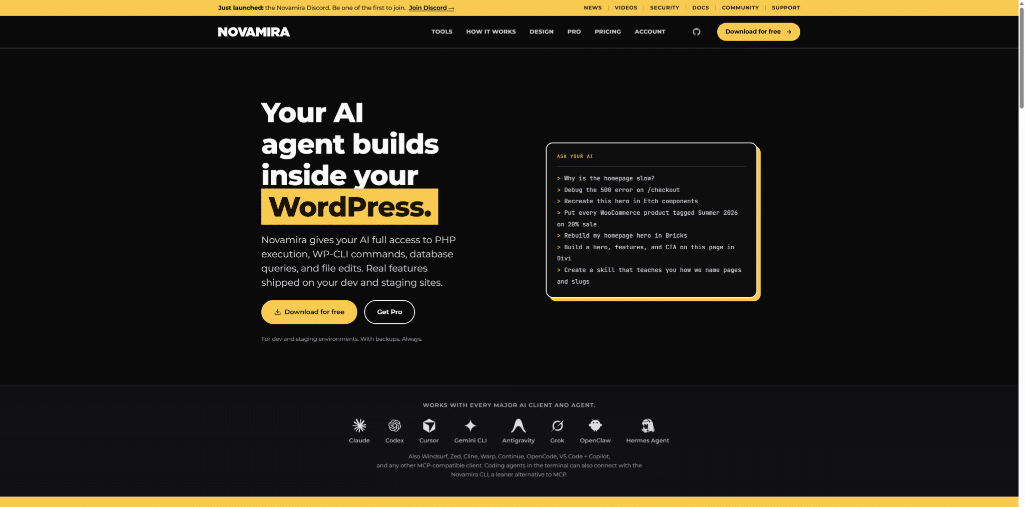 Página principal de Novamira: tu agente de IA construye dentro de WordPress