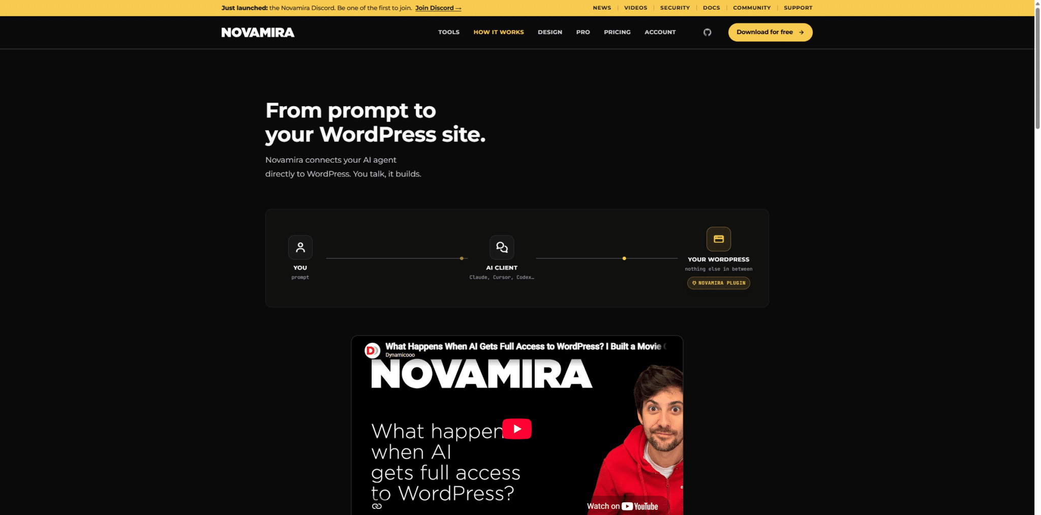 Diagrama: del prompt al sitio WordPress a través de Novamira